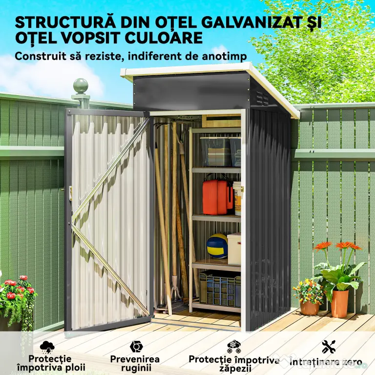 Outsunny Magazie de Grădină 0,74m² din Oțel Galvanizat cu Guri de Aerisire, Magazie cu Ușă Blocabilă, Acoperiș Înclinat, Mănuși, Depozitare Unelte, 107,5x91x185 cm, Gri Închis