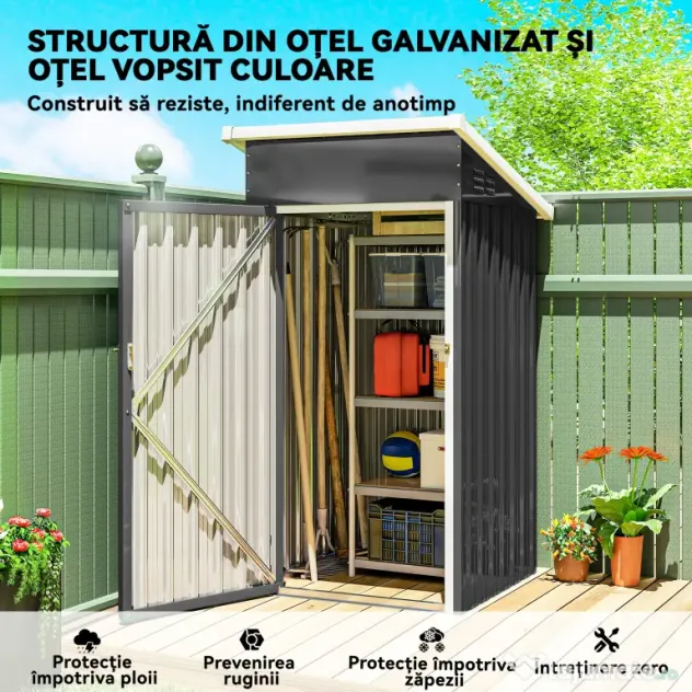 Outsunny Magazie de Grădină 0,74m² din Oțel Galvanizat cu Guri de Aerisire, Magazie cu Ușă Blocabilă, Acoperiș Înclinat, Mănuși, Depozitare Unelte, 107,5x91x185 cm, Gri Închis