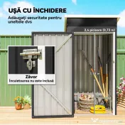 Outsunny Magazie de Grădină 0,74m² din Oțel Galvanizat cu Guri de Aerisire, Magazie cu Ușă Blocabilă, Acoperiș Înclinat, Mănuși, Depozitare Unelte, 107,5x91x185 cm, Gri Închis