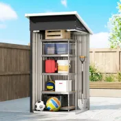 Outsunny Magazie de Grădină 0,74m² din Oțel Galvanizat cu Guri de Aerisire, Magazie cu Ușă Blocabilă, Acoperiș Înclinat, Mănuși, Depozitare Unelte, 107,5x91x185 cm, Gri Închis