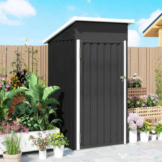 Outsunny Magazie de Grădină 0,74m² din Oțel Galvanizat cu Guri de Aerisire, Magazie cu Ușă Blocabilă, Acoperiș Înclinat, Mănuși, Depozitare Unelte, 107,5x91x185 cm, Gri Închis