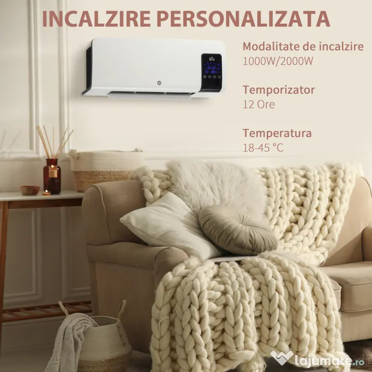 Homcom incalzitor Electric de Perete – 1000/2000W, Timer & Oscilatie