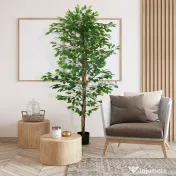 HOMCOM Plantă Artificială de Ficus cu 1260 Frunze, Plantă Artificială cu Ghiveci Inclus, Ø17,5x14,5 cm, Verde 