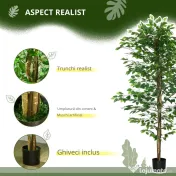 HOMCOM Plantă Artificială de Ficus cu 1260 Frunze, Plantă Artificială cu Ghiveci Inclus, Ø17,5x14,5 cm, Verde 