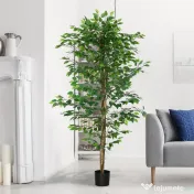 HOMCOM Plantă Artificială de Ficus cu 1260 Frunze, Plantă Artificială cu Ghiveci Inclus, Ø17,5x14,5 cm, Verde 