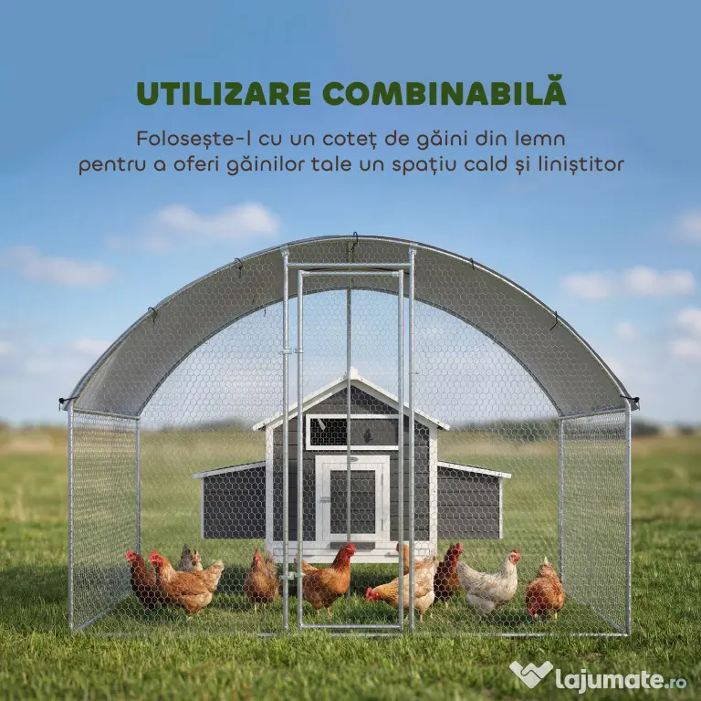 PawHut Adăpost și Țarc pentru Găini de Exterior, din Oțel, 2,8x1,7x1,9m, Argintiu