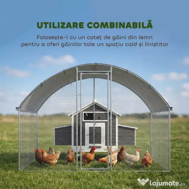 PawHut Adăpost și Țarc pentru Găini de Exterior, din Oțel, 2,8x1,7x1,9m, Argintiu