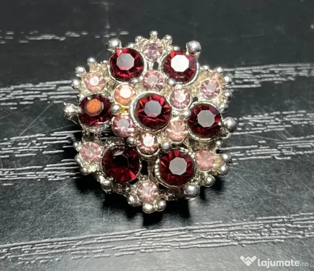 Broșă Vintage Cluster Autentică Mid-Century Anii 50-60 Strasuri Roșu-Rubiniu