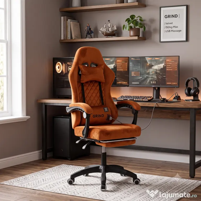 Scaun gaming, Functie masaj USB, Suport picioare,Tapiterie catifea,Perne incluse