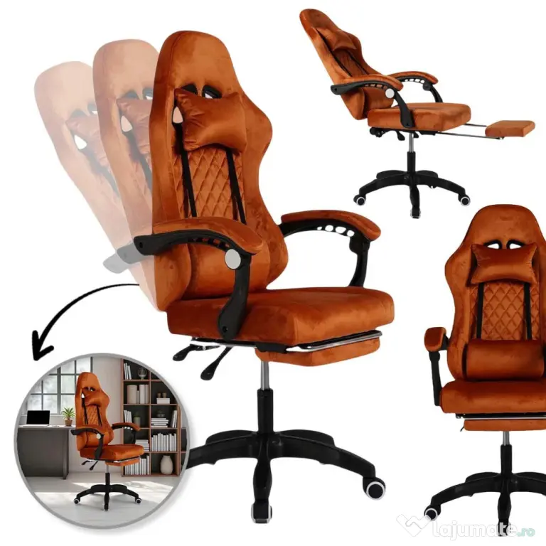 Scaun gaming, Functie masaj USB, Suport picioare,Tapiterie catifea,Perne incluse