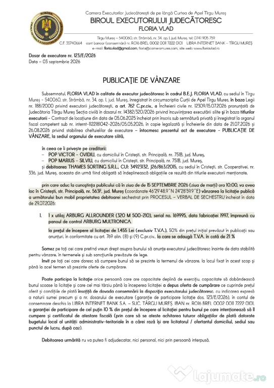 Vânzare la licitație publică - utilaje industriale
