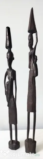 Pereche statuete din lemn sculptat manual, stil kenyan, artă tribală africană 