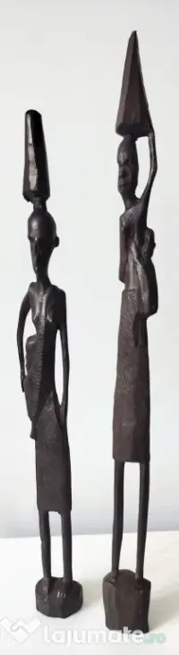 Pereche statuete din lemn sculptat manual, stil kenyan, artă tribală africană 