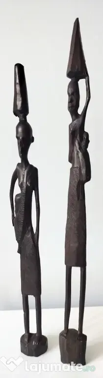 Pereche statuete din lemn sculptat manual, stil kenyan, artă tribală africană