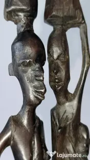 Pereche statuete din lemn sculptat manual, stil kenyan, artă tribală africană 