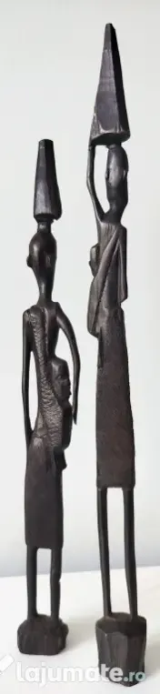 Pereche statuete din lemn sculptat manual, stil kenyan, artă tribală africană 