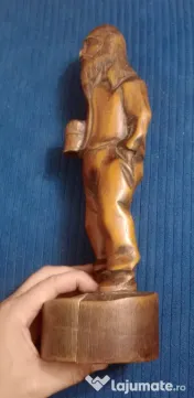 Statueta lemn sculptat Mos cu halba de bere - soclu rupt 35 cm.