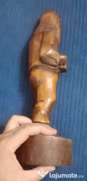 Statueta lemn sculptat Mos cu halba de bere - soclu rupt 35 cm.