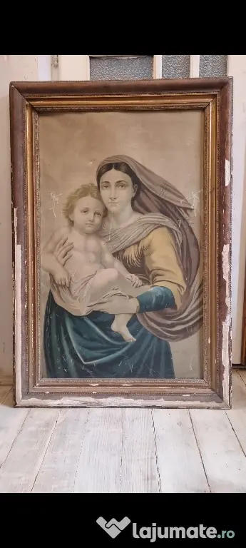Tablou vechi pe pânză „Madona Sixtină” (după Rafael) – ramă lemn 62x92 cm