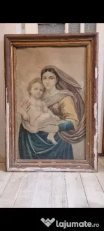 Tablou vechi pe pânză „Madona Sixtină” (după Rafael) – ramă lemn 62x92 cm