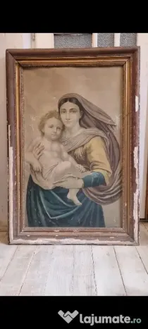 Tablou vechi pe pânză „Madona Sixtină” (după Rafael) – ramă lemn 62x92 cm
