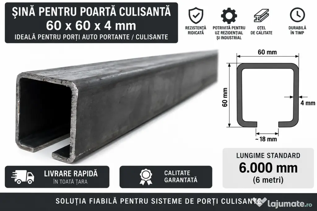 Șină pentru poartă culisantă / autoportantă 60×60×4 mm – lungime 6 metri