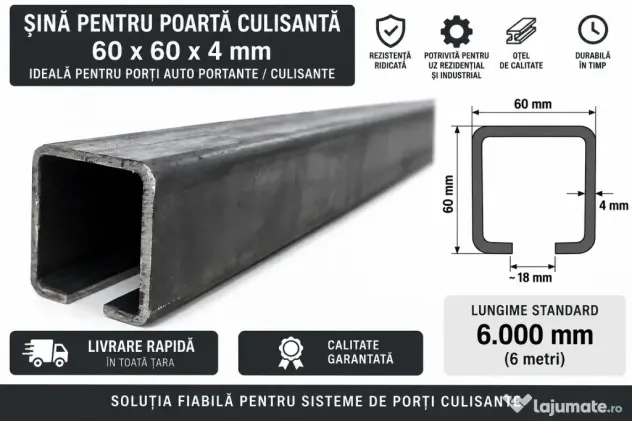 Șină pentru poartă culisantă / autoportantă 60×60×4 mm – lungime 6 metri