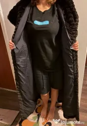 Haină de blană vintage / retro cu glugă – model deosebit, croi amplu