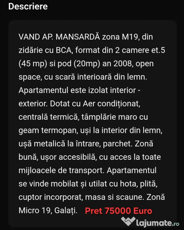 Vând Apartament Mansarda 2 camere Micro 9