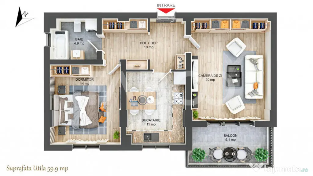 Apartament mobilat utilat decomandat 2 camere 60 mpu balcon - Sibiu (Sibiu)