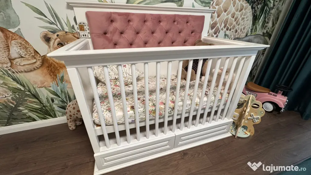 Patut bebe 130x68cm alb lemn masiv ca nou