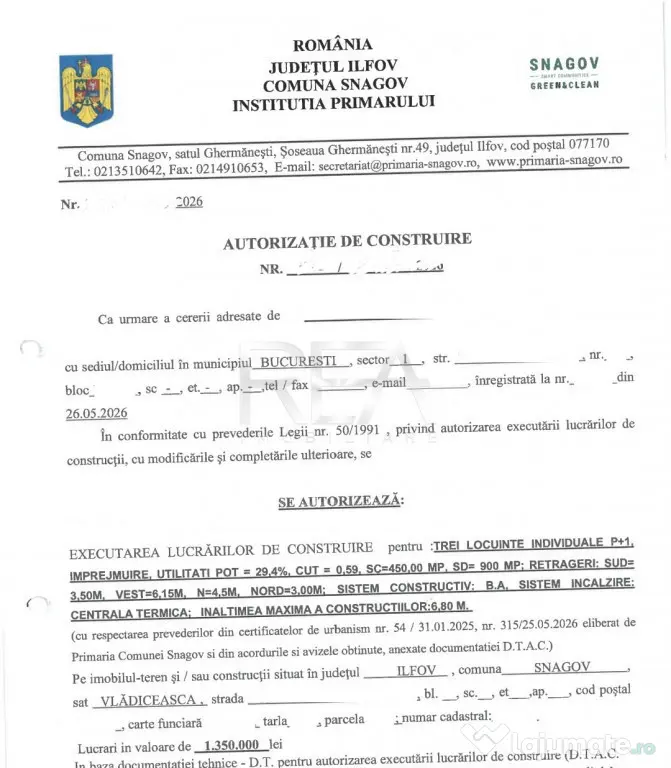 Teren cu autorizație construcție vile, Snagov- Vladiceasca - Vladiceasca (Bucuresti-Ilfov)