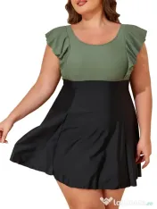 Costum de baie cu volanuri, mărime plus, cu control al burții și cu cupă push-up – Negru 3XL 