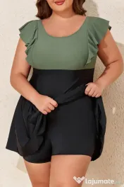 Costum de baie cu volanuri, mărime plus, cu control al burții și cu cupă push-up – Negru 3XL 