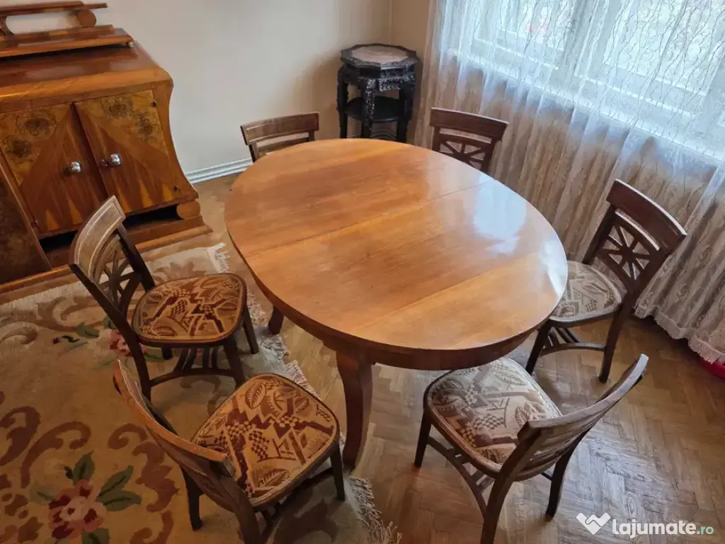Set sufragerie anii '50: masă extensibilă + 6 scaune – stare impecabilă