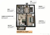 Apartament cu 2 camere, 44,77 mp utili, balcon