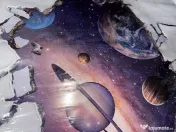 Sticker perete 3D / Autocolant „Gaură în Univers” (Galaxie & Planete), 89×59 cm 