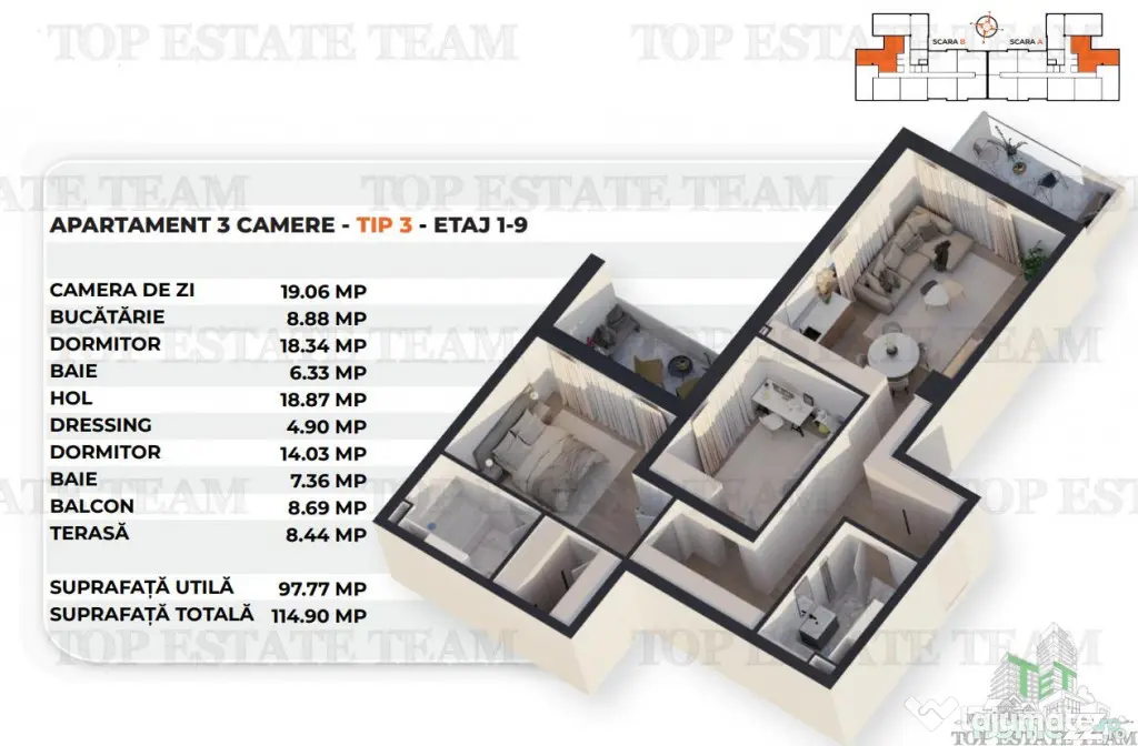 Apartament de 3 camere etajele 1-9 in apropiere de Antiaeria
