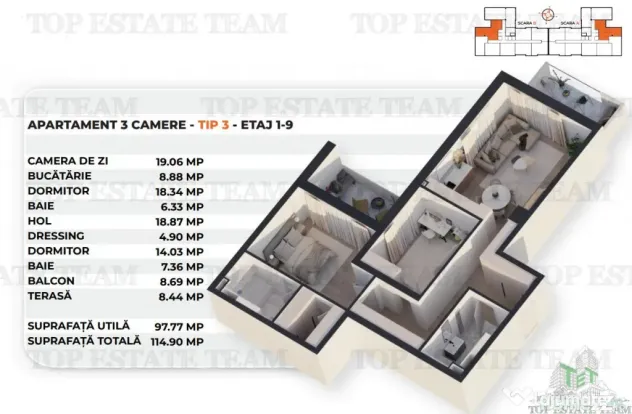 Apartament de 3 camere etajele 1-9 in apropiere de Antiaeria