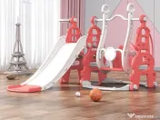 Ansamblu de joaca Kinderplay, 4 in 1, cu leagan, tobogan, cos de baschet, RED 