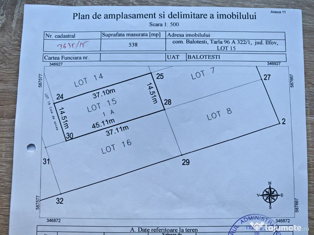 Teren Intravilan 538 mp – Balotești (toate utilitatile sunt la limita terenului)