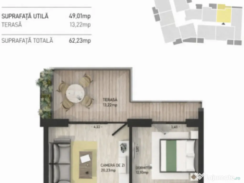 Apartament cu 2 camere, 49 mp, terasa 13 mp, zona Semicentra