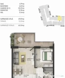 Apartament cu 2 camere, 49 mp, terasa 13 mp, zona Semicentra