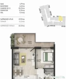 Apartament cu 2 camere, 49 mp, terasa 13 mp, zona Semicentra