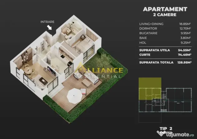 NOU Apartament 2 camere cu gradina