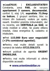 FAR, de vanzare 3 camere, decomandat, etaj 1, gaze 