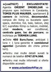 Tomis Plus Maurer, 2 camere, mobilat, gaze, loc de parcare