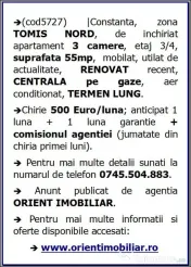 Tomis Nord, de inchiriat 3 camere, mobilat, centrala gaze, renovat 
