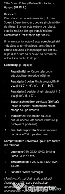 Pachet Logitech G29 (Volan + Pedale) + Suport/Stand Metalic Huzaro – Ca nou
