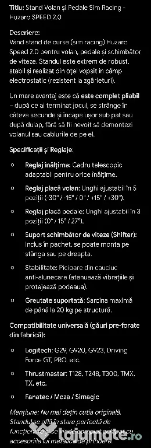 Pachet Logitech G29 (Volan + Pedale) + Suport/Stand Metalic Huzaro – Ca nou